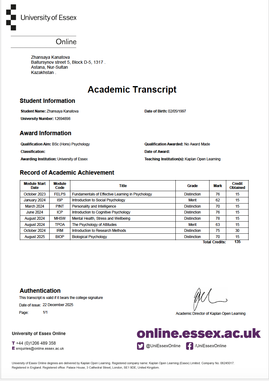 Academic Transcript University of Essex